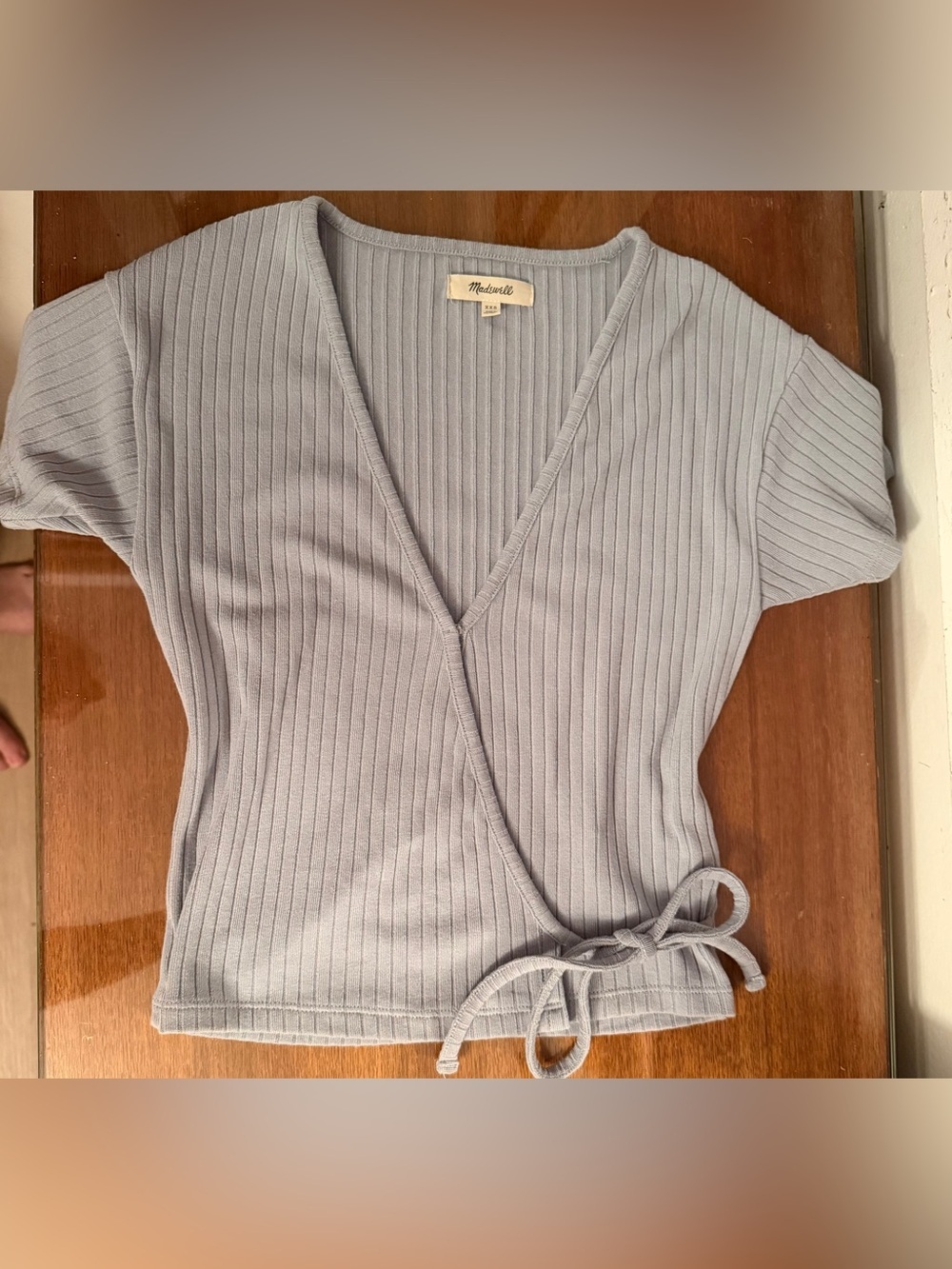 Madewell SZ XXS Pale Blue Ribbed Faux Wrap Crop Top - Picture 3 of 13